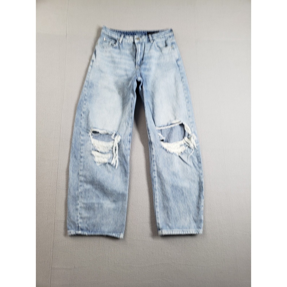 Zara Women Denim  Jeans 4 Light Blue Zip Button 5 Pockets Distressed Logo Casual
